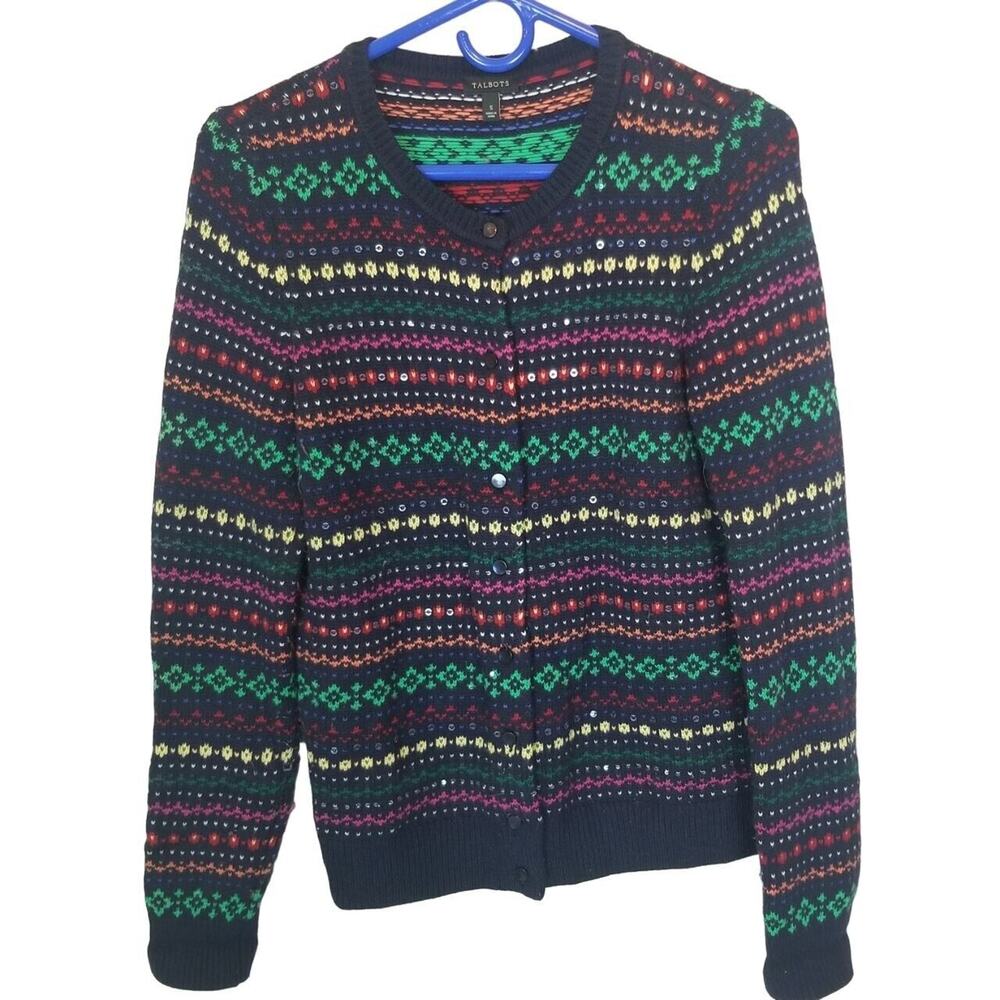 Talbots Womens Fair Isle Lambswool Cardigan Sweater S Cabincore Apres Ski Lodge